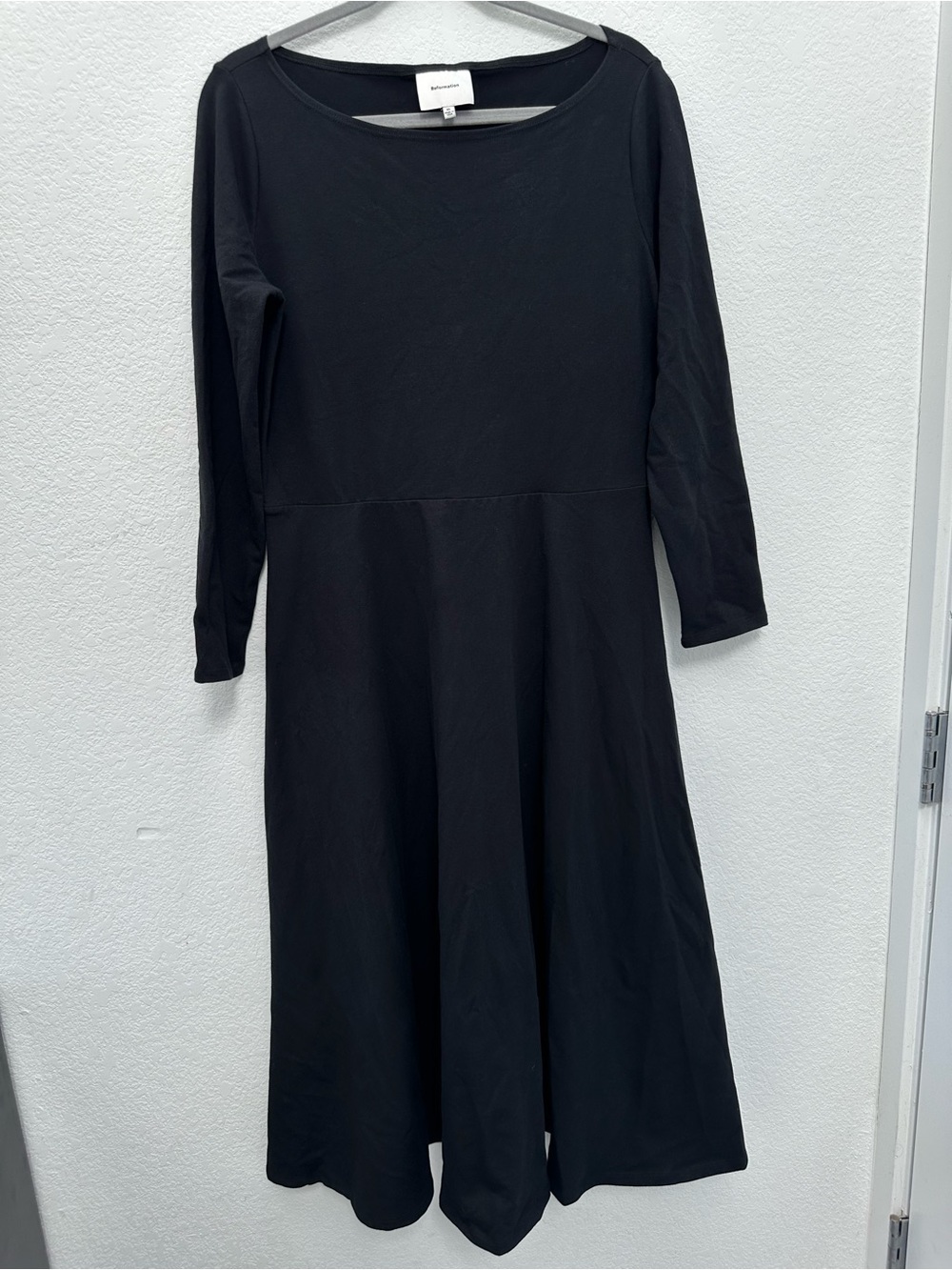 Reformation XL Dress Black Organic Cotton Stretch Boat Neck Midi Long Sleeve